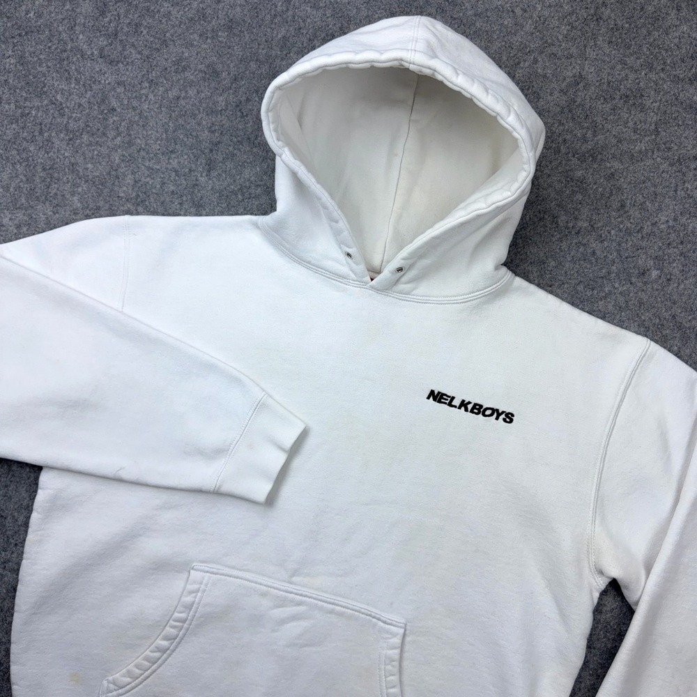 Nelk Boys Hoodie Mens Medium White‎ Full Send Embroidered Pullover Sweatshirt